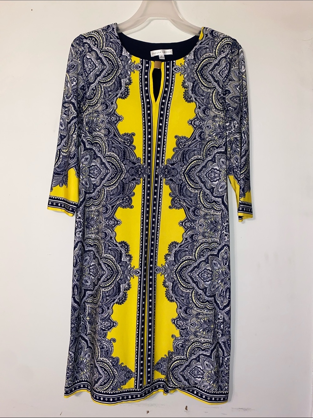 Sandra Darren Yellow and Navy Paisley-Print Long Sleeve Shift Dress